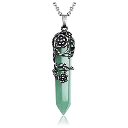 Top Plaza Flower Wrapped Natural Green Aventurine Crystal Necklace | Antique Silver Healing Crystal Gemstone Necklaces for Women Mothers Day Mom Gifts - color: Green Aventurine