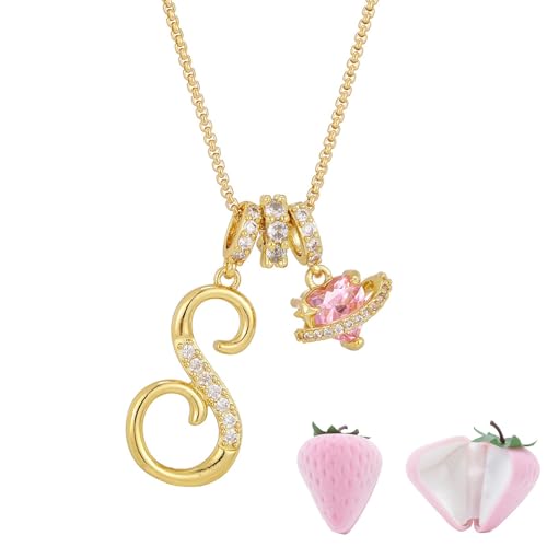 Initial Letter Necklace with Pink Heart Charm, Sparkling Zircon Alphabet Pendant in Gold or Silver Tone, Sweet Style Jewelry with Gift Box, Letter Chain for Daily Wear and Gift - color: Gold+Pink Box, size: #S