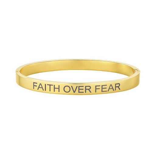 Inspirational Christian Bracelet for Women, Oval Engraved Bible Verse Love Bangle Cuff, Faith Scripture Jewelry, Religious Encouragement Gift for Mom Daughter Sister Friend - color: FAITH OVER FEAR-Oval Bangle Gold