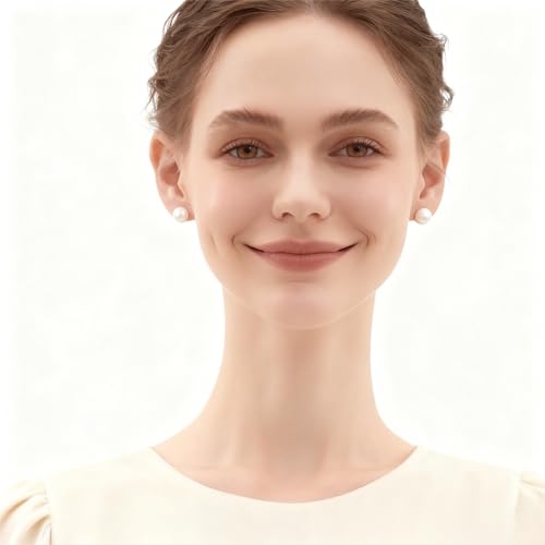 White Faux Pearl Stud Earrings, S925 Silver Posts Hypoallergenic for Women - color: White, size: 10mm