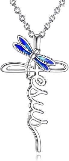 POPLYKE Cross Necklace for Women 925 Sterling Silver Cross Pendant Necklace Animal Jewelry Christmas Gifts for Women Mother Grandma - style: Dragonfly Jesus Cross