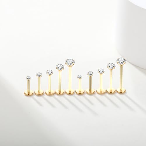Aumeo 20G 18G 16G Threadless Push in Nose Rings Studs Surgical Steel Labret Jewelry Monroe Lip Rings Studs Medusa Ashley Piercing Jewelry for Women - color: Gold, size: 18g*6/7/8/10/12mm