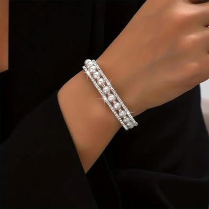 Pearl Bracelets for Women Dainty Gold Pearl Stretch Stackable Bracelet Bridesmaid Wedding Jewelry Gifts Prom Wedding Guest Dress - color: Q1:Silver Pearl Bracelet