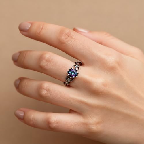 Cubic Zirconia Rings For Women, Gothic Ring Black Flower Crystal Stackable Trendy Floral Eternity Travel Engagement Statement Wedding Birthday Jewelry Gift - color: Goth Black Colorful