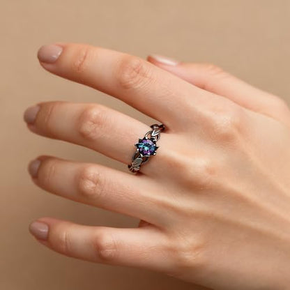 Cubic Zirconia Rings For Women, Gothic Ring Black Flower Crystal Stackable Trendy Floral Eternity Travel Engagement Statement Wedding Birthday Jewelry Gift - color: Goth Black Colorful