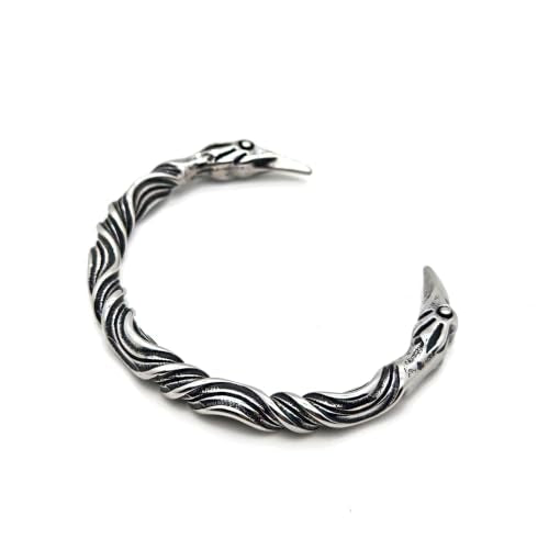 Raven Torc Bracelet for Men Norse Viking Raven Bangle Adjustable Stainless Steel Twisted Viking Jewelry - color: Silver