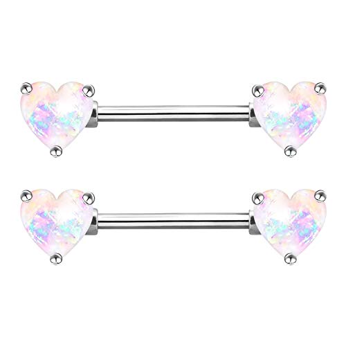 2PCS 14G Nipple Bars 316L Stainless Steel Nipple Barbell Ring Clear CZ Heart Nipple Rings Nipple Piercings Jewelry for Women - color: silver