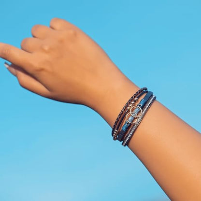 Chunky Boho Leather Wrap Bracelets Cowgirl Beaded Circle Western Jewelry | Stackable Infinity Layered Bohemian Magnetic Clasp Cuff Statement Fashion Colorful Country Hippie Outfits for Women Trendy - color: Navy Blue