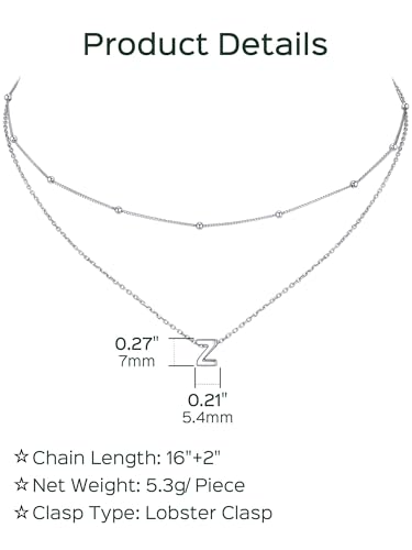 ChicSilver Layered Initial Necklace for Women, 925 Sterling Silver Personalized Letter A-Z Pendant Necklaces, Hypoallergenic Silver Choker with Adjustable 16" Rolo Chain, Dainty Birthday jewelry - style: Z