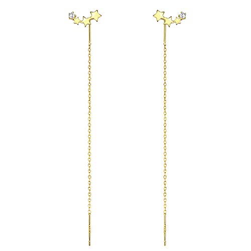 Boho Wedding Tiny Cz Star Threader Earrings Gold Pull Through Earrings Thread Dainty Long Chain Tassel Dangle Small Crystal Climber Simple Crawler Stud Line Bar Chain Drop Delicate Minimalist Women