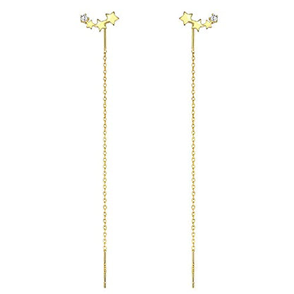 Boho Wedding Tiny Cz Star Threader Earrings Gold Pull Through Earrings Thread Dainty Long Chain Tassel Dangle Small Crystal Climber Simple Crawler Stud Line Bar Chain Drop Delicate Minimalist Women