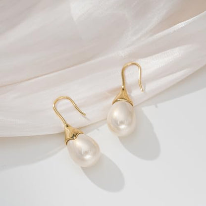 Unique Cream White Pearl Teardrop Drop Dangle Earrings for Women,Trendy Geometric Dangle Formal Hook Earrings for Wedding Prom - color: Gold-Cream Pearl