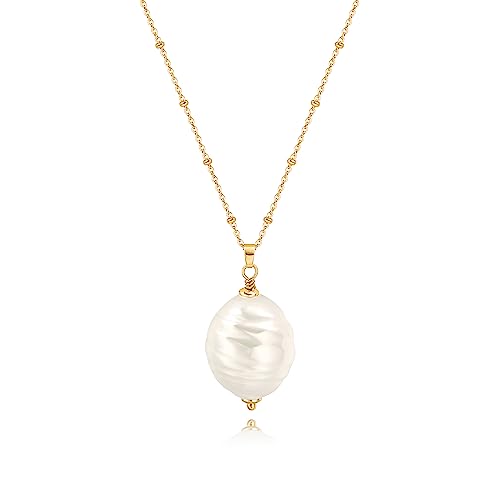 18k Gold Plated Chain Link Necklace for Women, Baroque Pearl/Compass Pendant Necklace - color: Long Pearl