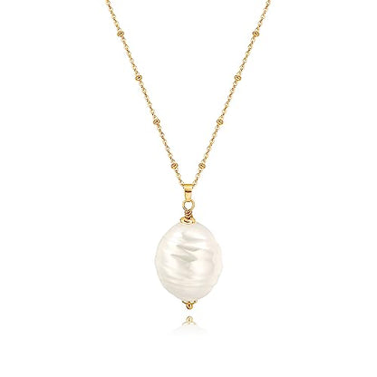 18k Gold Plated Chain Link Necklace for Women, Baroque Pearl/Compass Pendant Necklace - color: Long Pearl