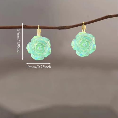 Handmade Bohemian Aesthetic Dainty Acrylic Flower Petal Leverback Earrings Sparkly 14K Gold Floral Dangle Drop Earrings for Women - color: Green