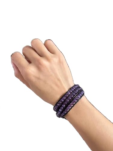 Handmade Alloy Leather Natural Stone Bead Statement Bracelet Bangle Cuff Rope 3 Wrap Adjustable Jewelry Collection - color: Amethyst & Black Leather Cord