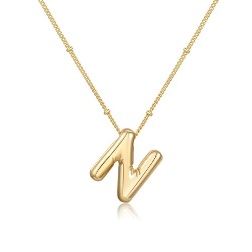 Gold Bubble Initial Necklace for Women Balloon Letter Necklace 18K Gold Plated Dainty Alphabet Pendant Puffy Name Personal Necklace - color: N