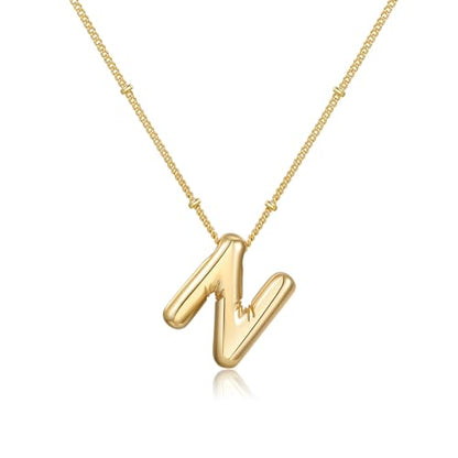 Gold Bubble Initial Necklace for Women Balloon Letter Necklace 18K Gold Plated Dainty Alphabet Pendant Puffy Name Personal Necklace - color: N