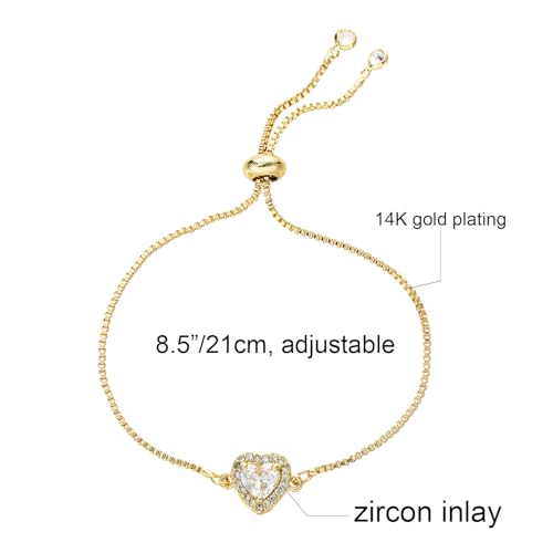 14K White Gold Plated Heart Bracelet for Women Elegant Zircon Inlay Heart Charm Box Chain Bracelet Adjustable Length Minimalist Jewelry