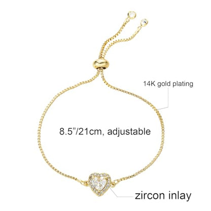 14K White Gold Plated Heart Bracelet for Women Elegant Zircon Inlay Heart Charm Box Chain Bracelet Adjustable Length Minimalist Jewelry