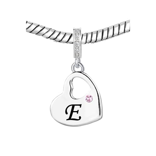 KunBead Initial A-Z Letter Pink Heart Alphabet Birthday Dangle Love Charms Compatible with Pandora Charm Bracelet for Auntie Friend Sister Mom Daughter Nana Granddaughter Wife - style: Letter E