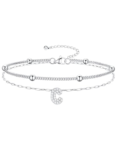 Richsteel Initial Ankle Bracelets for Women Waterproof, 14K Gold Plated/Silver Stainless Steel Anklets, Dainty Adjustable Layered Anklets with Bubble Letter, Non Tarnish Summer Beach Jewelry with Gift Box - color: C-Silver