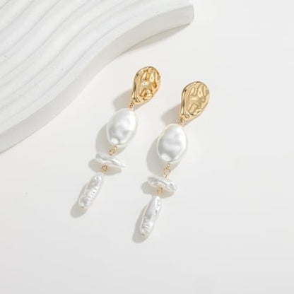 Statement Pearl Dangle Earrings,Gold and Large Pearl,Luxury Chandelier Organic Style Earrings - color: G gold and white