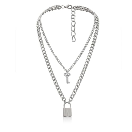 Layered Chunky Gold Silver Necklace Big Cuban Chain Statement Necklace Stacked Punk Chain Choker Necklaces for Women Trendy Jewelry Birthday Gifts - color: 04 Lock and Key