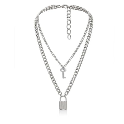 Layered Chunky Gold Silver Necklace Big Cuban Chain Statement Necklace Stacked Punk Chain Choker Necklaces for Women Trendy Jewelry Birthday Gifts - color: 04 Lock and Key