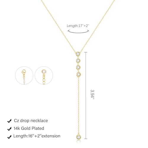HERIER Lariat Gold Necklace for Women, Dainty Long Necklace 14k Gold Plated/Silver Y-Shaped Layered Beaded Chain Drop Necklaces for Women Trendy Simple Gold Jewelry for Women Gifts - color: Y CZ Lariat Necklace-Gold