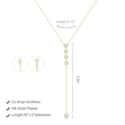 HERIER Lariat Gold Necklace for Women, Dainty Long Necklace 14k Gold Plated/Silver Y-Shaped Layered Beaded Chain Drop Necklaces for Women Trendy Simple Gold Jewelry for Women Gifts - color: Y CZ Lariat Necklace-Gold