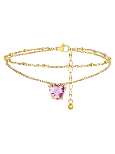 FindChic Bling Heart Birthstone Anklets Layered Beaded Ankle Bracelets for Women Gold/Black/Silver 12 Month Gem Colors Foot Chain Summer Jewelry for Girls, with Gift Box - color: Gold, style: 10. Oct.-Created Pink Tourmaline(Prong Setting)