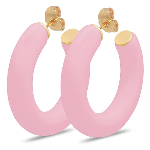 Gold Plated Multicolor Resin Chunky Thick Open Hoop Earrings in 57MM and 37.5MM Diameters - color: Pink - Pastel - Matte Finish, size: 37.5MM (1.48") Diameter