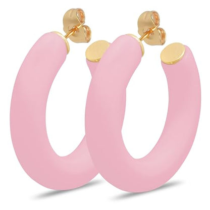 Gold Plated Multicolor Resin Chunky Thick Open Hoop Earrings in 57MM and 37.5MM Diameters - color: Pink - Pastel - Matte Finish, size: 37.5MM (1.48") Diameter