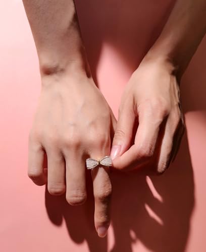 Pearl CZ Bow Statement Open Finger Ring for Women - Gold Plated Dainty Crystal Bowknot Adjustable Rings Wedding Engagement Promise Bands Elegant Jewelry Birthday