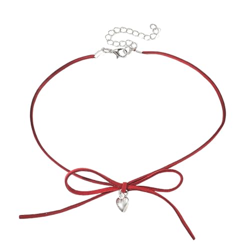 Dtja Vintage Heart Bowknot Velvet Choker Necklace for Women Gothic Ribbon Bow Love Charms Adjustable Chain Necklaces Holiday Accessories Christmas Halloween Cosplay Party Jewelry Gift - color: Red