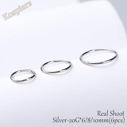 Nose Rings 20G 18G 16G 316L Surgical Steel Hinged Clicker Segment Nose Hoop Helix Cartilage Daith Tragus Sleeper Earrings Body Lip Piercing Jewelry for Women Men 6mm 7mm 8mm 10mm 12mm - style: 04:Silver-20G*6/8/10mm(6pcs)