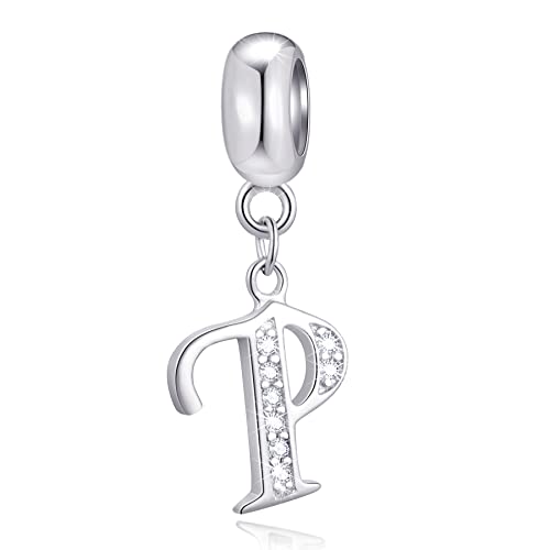 26 Letter Pendant Charms, Polished 925 Sterling Silver Complete Initial A-Z Dangling CZ Stone Alphabet Beads, fits European Bracelet Necklace, Gift for Mother/Father/Daughter/Son/Sister/Aunt - color: Letter P CZ Pendant Charm
