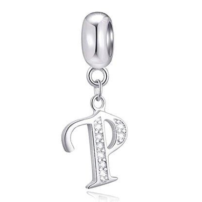 26 Letter Pendant Charms, Polished 925 Sterling Silver Complete Initial A-Z Dangling CZ Stone Alphabet Beads, fits European Bracelet Necklace, Gift for Mother/Father/Daughter/Son/Sister/Aunt - color: Letter P CZ Pendant Charm