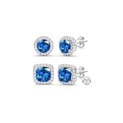 2 Pairs S925 Sterling Silver Stud Earrings for Women Halo Cubic Zirconia | 14K Gold Plated Hypoallergenic Non Tarnish Round Square Silver Stud Earring for Women Men Dainty Trendy Jewelry - style: Silver-Blue Stone