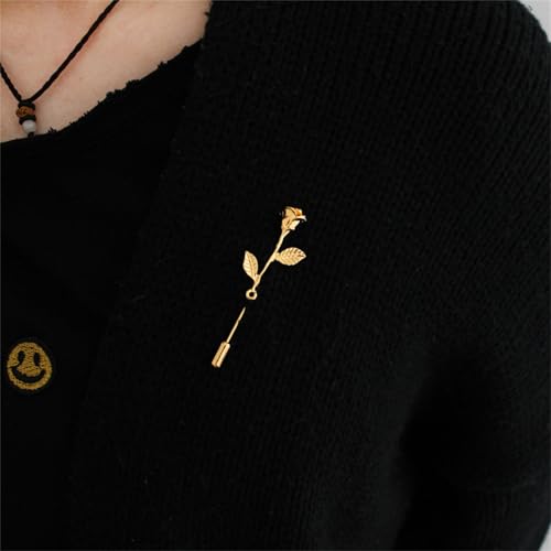 Dreuyet Simple Gold Silver Plated Long Brooch Pins with Cute Animal Antlers Leaves Plant Bees Rabbits Rose Flower Feather Brooch Jewelry for Women Men Elegant Suit Collar Lapel Pin - style: Rose