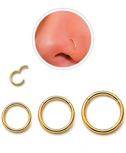 AMASIS Nose Rings and Nose Studs Set, Stainless Steel Hinged Nose Hoops and CZ Studs, Select Sizes and Styles for Nostril Septum Cartilage Piercing Jewelry - color: Gold, size: 3-Piece,18Gauge,Assorted Sizes
