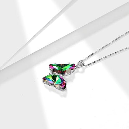 Aurora Tears Butterfly Necklace Earrings Ring Bracelet - Women 925 Sterling Silver Animal Butterflies Birthstone Pendant Crystal Wedding Birthday Jewelry - color: pendant-O.rainbow