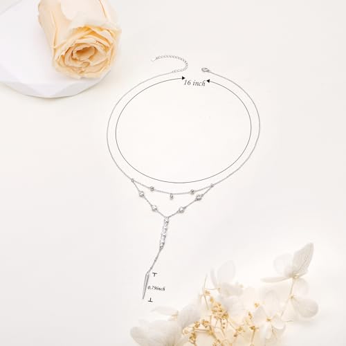 Sterling Silver Dainty Bead Layered Long Lariat Choker Necklaces for Women Boho - style: Two-Piece