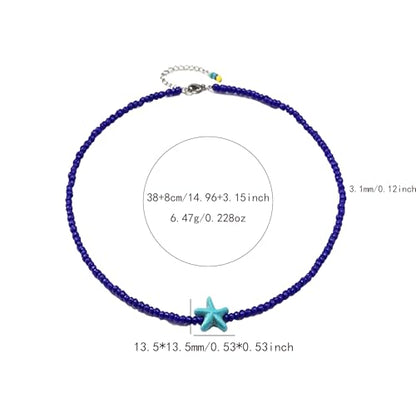 Seed Bead Choker Necklace for Women Bohemian Tiny Beads Choker Colorful Rice Bead Starfish Choker Summer Surfer Beach Necklace Jewelry Gift - color: Blue Plus