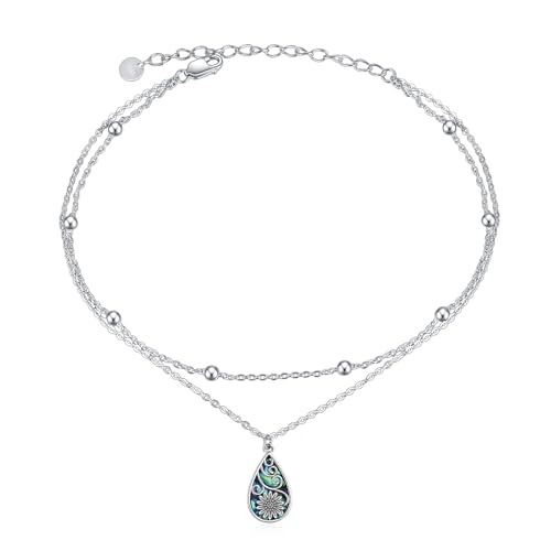 POPLYKE 925 Sterling Silver Double Layered Chain Evil Eye Daisy Sunflower Butterfly Anklets for Women Holiday Beach Crystal Ankle Bracelet Dainty Evil Eye Jewelry - style: Abalone Sunflower Anklet