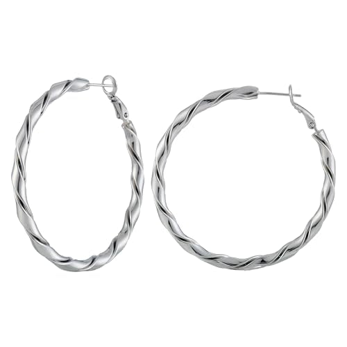 14k Gold Plated Hoop Earrings for Women, 925 Sterling Silver Posts Thick Twist Hypoallergenic Chunky Large Earrings 20mm 30mm 40mm 50mm - color: silver, size: 50mm