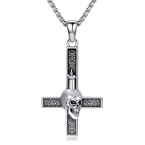 ROMANTICWORK Cross Necklace for Men 925 Sterling Silver Three Nail Cross/Atheist/Anchor/Skull Pendant Christian Protect Jewelry Birthday Gifts for Husband - color: Skull Cross
