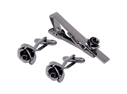Unique Rose Flower Cufflinks and Tie Clip Set for Men Regular Necktie | Silver/Golden/Black Men's Tie Pin and Cuff Links for Wedding Party Daily Office Formal Casual Business Tuxedo Dress Accessory - style: Gunmetal Cufflinks Tie Pin Set