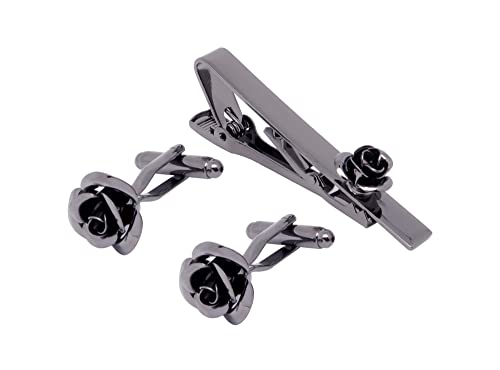 Unique Rose Flower Cufflinks and Tie Clip Set for Men Regular Necktie | Silver/Golden/Black Men's Tie Pin and Cuff Links for Wedding Party Daily Office Formal Casual Business Tuxedo Dress Accessory - style: Gunmetal Cufflinks Tie Pin Set